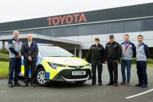 From left to right. Richard Kenworthy (TMUK Managing Director), Terry Hitchcock (Derbyshire Police Fleet manager), PSCO Claire Robbins, Sergeant Adrian Pegg, Richard Finchett (Production control General Manager) and Hiroyuki Taniguchi (Production control Senior Co-ordinator).