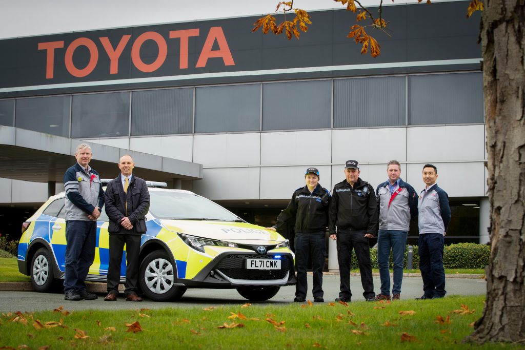 From left to right. Richard Kenworthy (TMUK Managing Director), Terry Hitchcock (Derbyshire Police Fleet manager), PSCO Claire Robbins, Sergeant Adrian Pegg, Richard Finchett (Production control General Manager) and Hiroyuki Taniguchi (Production control Senior Coordinator).