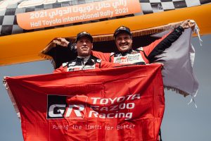 Nasser Al-Attiyah (right) and co-driver Mathieu Baumel