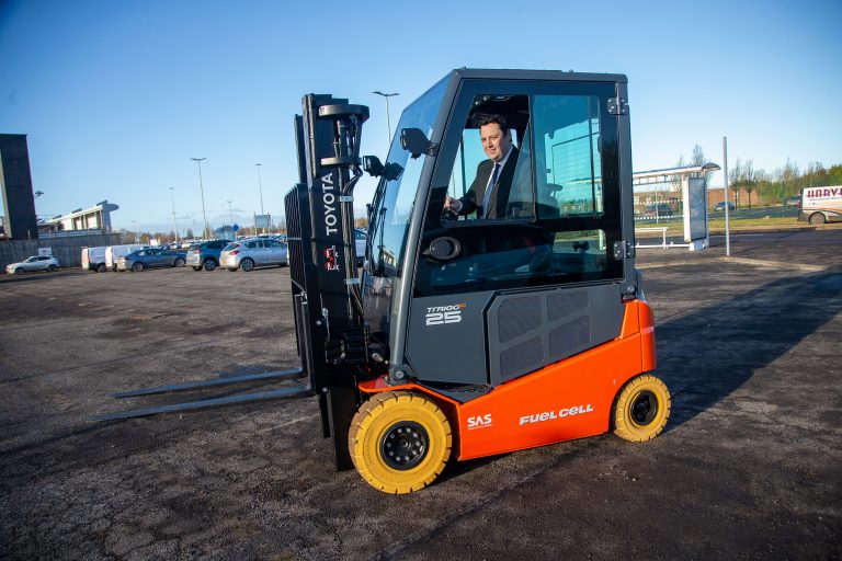Pictured here is Ben Houchen , Tees Valley Mayor, driving a Toyota hydrogen fuelled forklift.