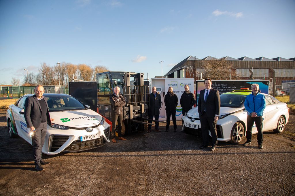 Picture from left to right with two zero-emission Toyota Mirai hydrogen fuelled cars: Storm Baines, Enterprise; Paul Bowers, Toyota Material Handling; Chris Murray, Plug Power; Hamza Taj, Element 2; Tom Chicken, Fuel Cell Systems; Ben Houchen , Tees Valley Mayor; Jon Hunt, Manager, Alternative Fuels, Toyota GB.