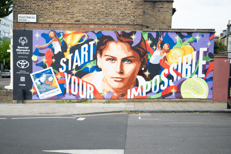 Mural of Special Olympics GB tennis player Lily Mills in her hometown of Highbury, London, created by artist Will Redgrove