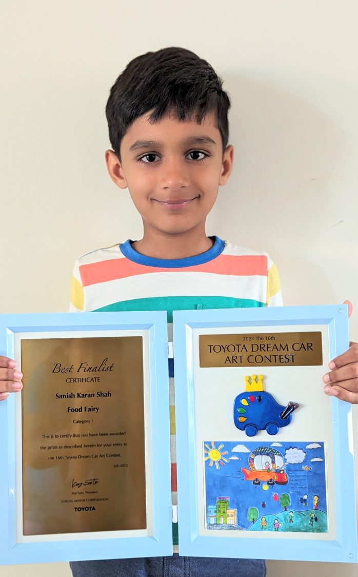 Sanish Shah with his Toyota Dream Car Art global winner certificate
