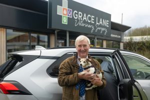 The Yorkshire Vet, Peter Wright, with 11-year-old Jack Russell Terrier, Moomin, in his Toyota RAV4. All Rights Reserved: RKP Photography [Formerly F Stop Press Ltd].