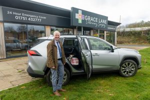 The Yorkshire Vet, Peter Wright, with 11-year-old Jack Russell Terrier, Moomin, in his Toyota RAV4.