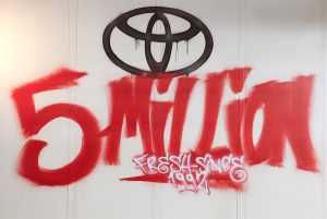 Graffiti artwork created at Burnaston Toyota Manufacturing plant to celebrate 5M car coming off the production line