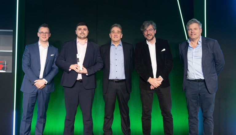 From L to R: Stuart Saunders, Executive Director, Commercial, Toyota (GB), FRF Group team: Tom Radcliffe, Mark Radcliffe, with Luigi Ksawery Luca’, Toyota (GB) President and Managing Director and Mark Durden-Smith, TV presenter