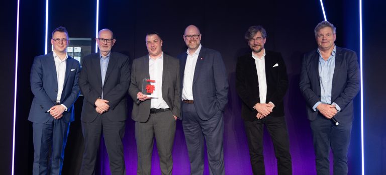 From L to R: Stuart Saunders, Executive Director, Commercial, Toyota (GB), Vantage Toyota Scarborough: Peter Stableford, Jon Traynor, David Blease, with Luigi Ksawery Luca’, Toyota (GB) President and Managing Director and Mark Durden-Smith, TV presenter
