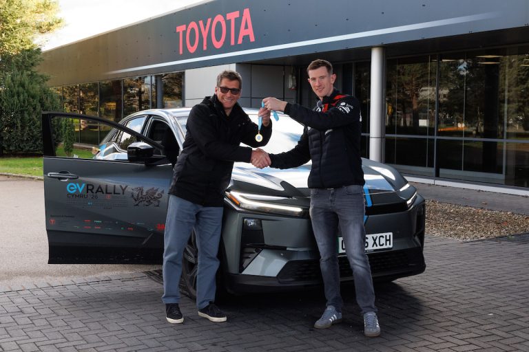 Newly-crowned FIA World Rally Champion, Elfyn Evans, with Richard Seymour at Toyota’s Deeside